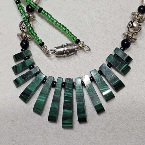 Jewelry - Malachite Necklace with Onyx, Glass, and Silver Beads